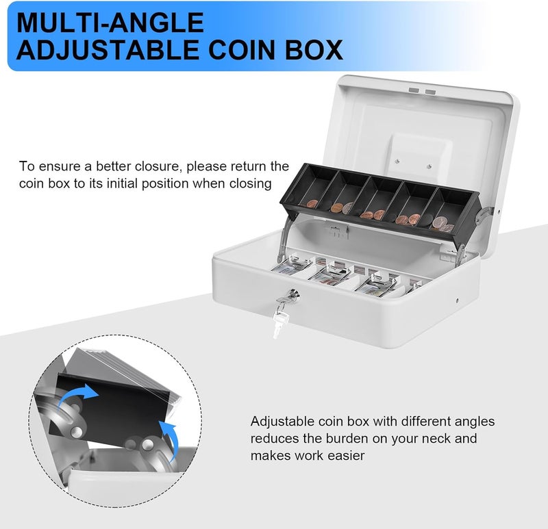 Sgorlds Cash Box Key Lock on Side, Cash Box with Money Tray & Key Lock 4 Bill 5 Coin Slots,Large Safe Lock Box with Key,Metal Money Saving Organizer for Security 11.8L x 9.5W x 3.5H Inches, White - Image 3